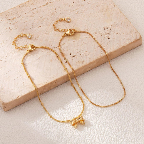 Gold Ankle Bracelets for Women, Dainty 14k Gold Anklets for Women Waterproof Gold Layered Box Chain Bow Charm Anklet Adjustable Herringbone Anklet...