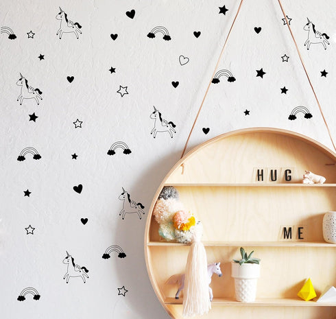 Unicorn Rainbow Star Heart Wall Decal,Removable Vinyl Wall Stickers for Baby Kids Boys Girls Bedroom Nursery Decor A13 (Black)...