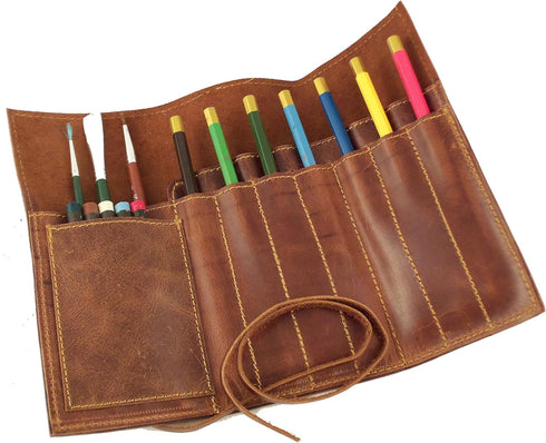 Rustic Genuine Leather Pencil Roll - Pen and Pencil Case - Dark Brown...