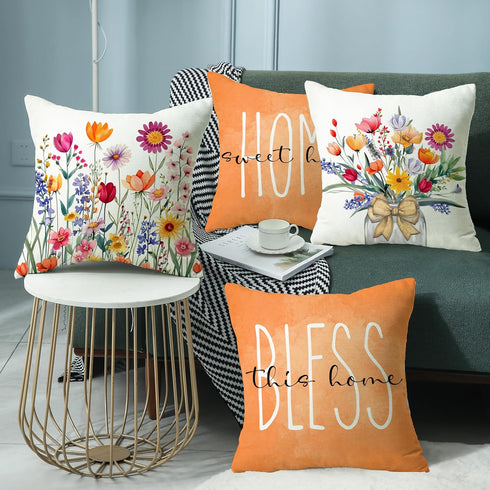 Throw Pillow Covers 18x18 Set of 4 Spring Summer Pillow Covers Floral Farmhouse Cushion Cases for Sofa Couch Living Room Outdoor Home Decor...