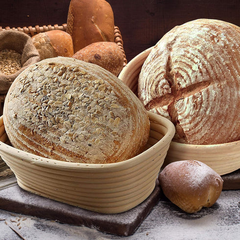 2 Pack 10 Inch Oval Bread Proofing Basket for Sourdough Bread - Bread Basket Baking Bowl With Bread Lame & 5 Blades,Dough Scraper and Linen Liner ...