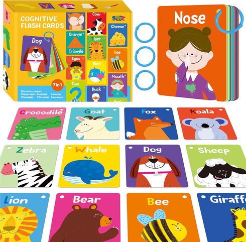 50 PCS Kid First Cognitive Flashcards,Double Sided Printed 7 in 1 Colorful Cards Alphabet,Numbers, Foods,Animals,Shapes,Colors with 3 Reclosable R...