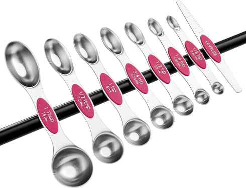 Spring Chef Pink Stainless Steel Magnetic Measuring Spoons Set of 8 with Leveler, Dual Sided Teaspoon & Tablespoon Measuring Set for Dry and Liqui...