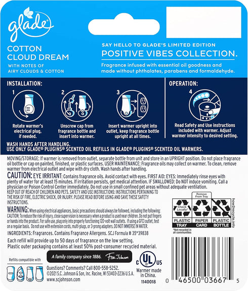 Glade PlugIns Refills Air Freshener Starter Kit, Scented and Essential Oils for Home and Bathroom, Cotton Cloud Dream, 0.67 Fl Oz, 1 Warmer + 1 Re...