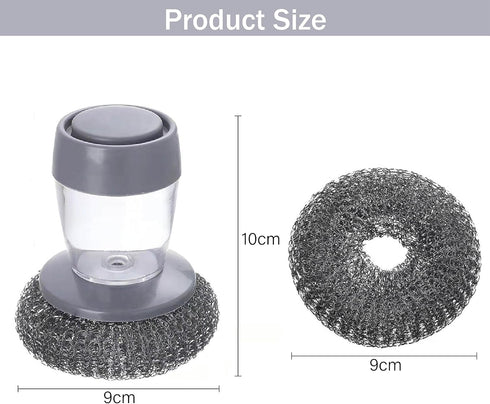 Dish Brush with soap Dispenser,with 2 Velvet Dish Brushes, Steel Wool Scrubber for Cleaning Dishes, pots, Pans, Grills, Sinks, Replaceable Brush H...