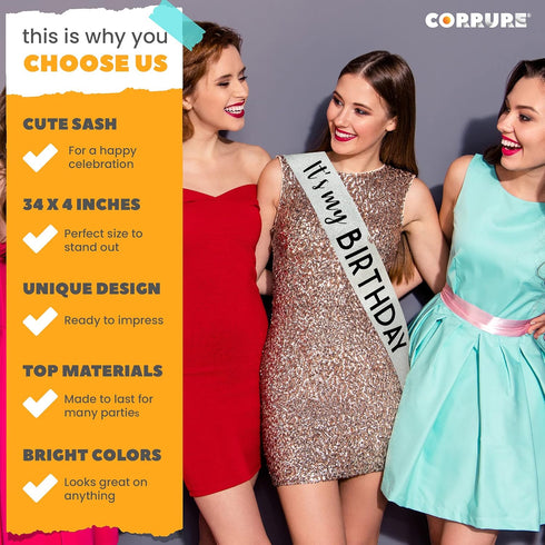 CORRURE 'It's My Birthday' Sash Glitter with Black Foil - Silver Glitter Birthday Sash for Women and Men - Happy Birthday Sash for Girls, Sweet 16...