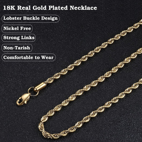 FIBO STEEL 18k Real Gold Plated 2.5-8 MM Stainless Steel Mens Womens Necklace Twist Rope Chain, 16-36 inches...