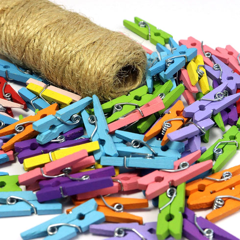 Mini Natural Wooden Clothespins with Jute Twine, 250pcs, 1 Inch Photo Paper Peg Pin Craft Clips with 66ft Natural Twine for Scrapbooking, Arts & C...
