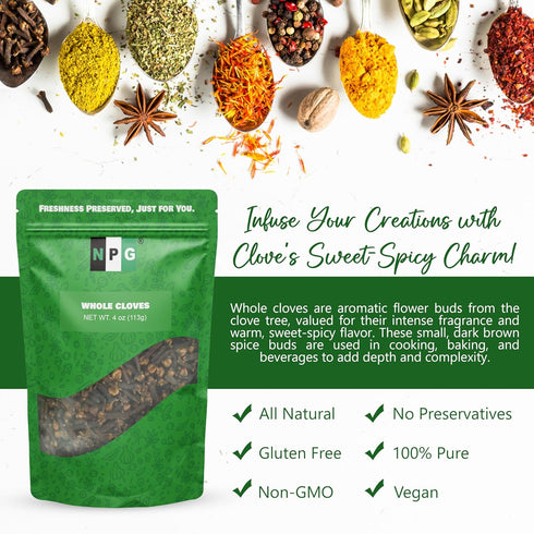 NPG Premium Whole Cloves Buds 4 Ounces, Strong Aroma and Flavor Cloves for Tea, Potpourri, Baking, Pomander balls, Meats, and Pumpkin Spices, Glut...