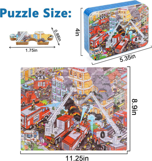 LELEMON Puzzles for Kids Ages 4-8,Fire Fighting 100 Piece Puzzles for Kids,Educational Kids Puzzles Jigsaw Puzzles in a Metal Box,Children 100 Pie...