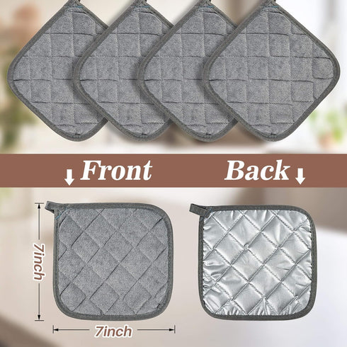 Cotton Pot Holders for Kitchen - MAQIHAN 4pcs Square Pot Holders Sets Hot Pads Set Gray 7 inch Terry Cloth Pot with Holder Cotton Potholders Small...