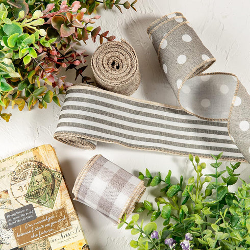 Whaline Farmhouse Wired Edge Ribbon 4 Rolls White Polka Dots Buffalo Plaid Stripe Ribbons Rustic Farmhouse Craft Ribbons for Spring Summer Wedding...