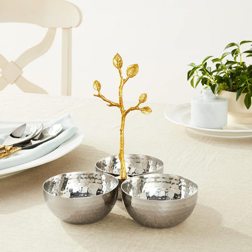 Golden Vine Hammered Triple Bowl, Silver/Gold...