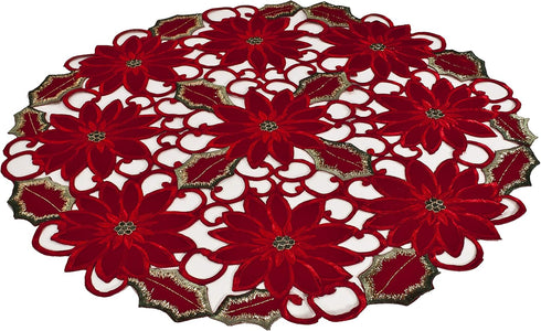 Linens, Art and Things Embroidered Elegant Rich Christmas Red Poinsettia Gold Thread Green Leaves Holiday Doily Small Tablecloth Centerpiece (24 I...
