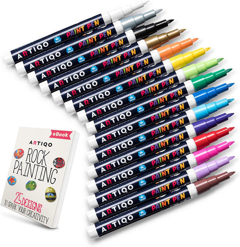 Fine Tip Paint pens for Rock Painting - Wood, Glass, Metal and Ceramic Works on Almost All Surfaces Set of 15 Vibrant oil based fine point paint m...