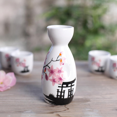 Tosnail 5 Pieces Ceramic Japanese Sake Set, 1 Serving Carafe and 4 Cups - Pink Sakura...