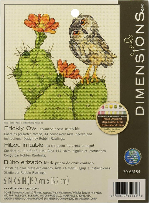 Dimensions Counted Cross Stitch Kit 'Prickly Owl' Cactus Pattern, 14 Count Ivory Aida Cloth, 6'' x 6''...