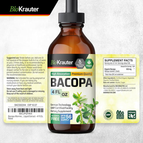 Bacopa Monnieri Organic Tincture - Cognitive Health Support Liquid Supplement - Organic Bacopa Herbal Extract - Alcohol & Sugar Free Vegan Drops 4...
