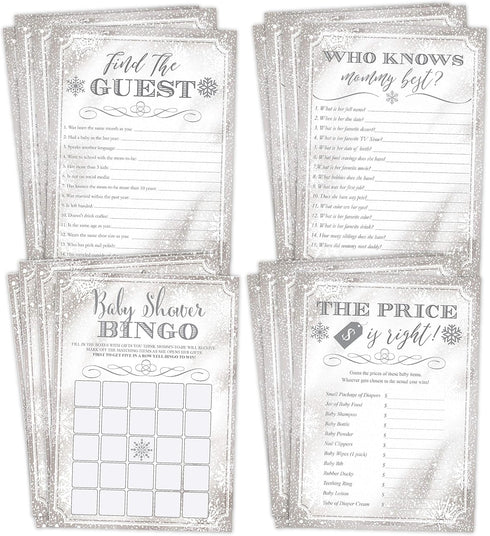 Winter Snowflake Baby Shower Games - 25 Games Each - Bingo, Find The Guest, The Price Is Right, Who Knows Mommy Best - Silver White Snow Theme - P...