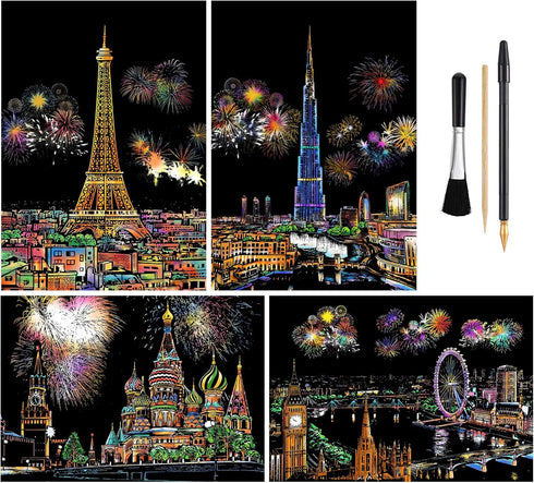 Rainbow Scratch Art Painting Paper (A4) for Kids & Adult, Night View Scratchboard, Engraving Art Set: 4 Sheets Scratch Cards & Drawing Pen, Clean ...