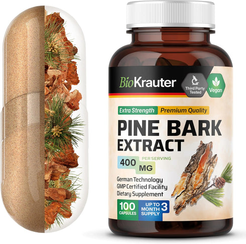 BIO KRAUTER Pine Bark Extract Capsules 400 mg - 100 Count - Antioxidant Supplement - 95% Proanthocyanidins - Pine Bark Supplement - Vegan, No Fill...