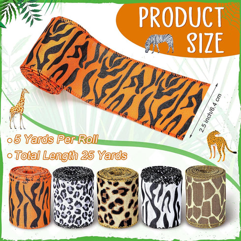 5 Rolls Jungle Animal Wired Ribbons 2.5 Inch Party Decorations Safari Animal Burlap Wrapping Ribbon for Crafts Leopard Zebra Cheetah Leaves Printe...