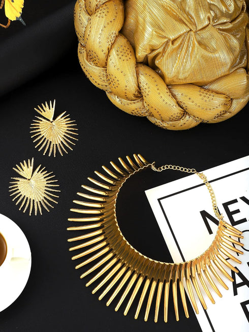 Yinkin African Jewelry Set for Women Party Gold Statement Earrings Collar Bib Necklaces African Turban Head Wrap for Theme Party...