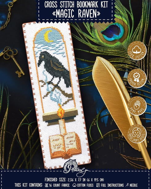 Povitrulya Counted Cross Stitch Kit Magic Raven - DIY Bookmark Set for Hand Embroidery...