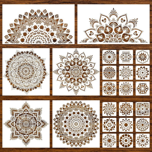 24 Pieces Mandala Stencil Reusable Mandala Painting Templates Floral Design Stencil Mandala Drawing Craft Stencil for DIY Wall, Tile, Furniture, C...