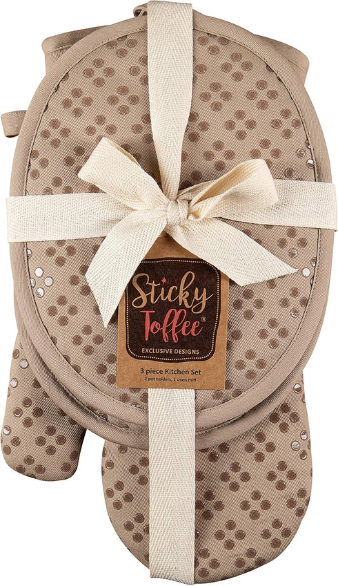 Sticky Toffee Oven Mitt and Pot Holder Set of 3 – Tan Kitchen Hot Pads and Mitts with Non-Slip Silicone Grip, 100% Cotton Shell, Oeko-Tex Cotton...