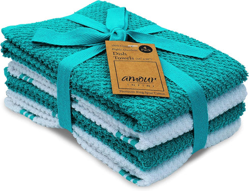 AMOUR INFINI Kitchen Towels Pack of 4 - Absorbent, Quick Drying Premium Cotton Tea Towel - Kitchen Linens 16x28 Inch Dish Towels with Hanging Loop...