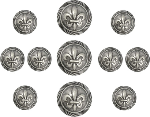 Bezelry Fleur De Lys Domed Metal Shank Buttons. Blazer Button Set. 3 Pcs of 25mm, 8 Pcs of 18mm (Gray Silver)...