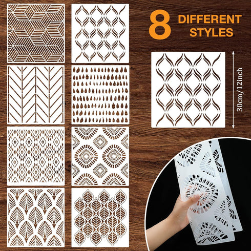 Outus 8 Pieces 12 x 12 Inch Wall Stencils for Painting on Wall Wood Floor Tile Reusable Furniture Stencils Drawing Template Geometric Modern Herri...