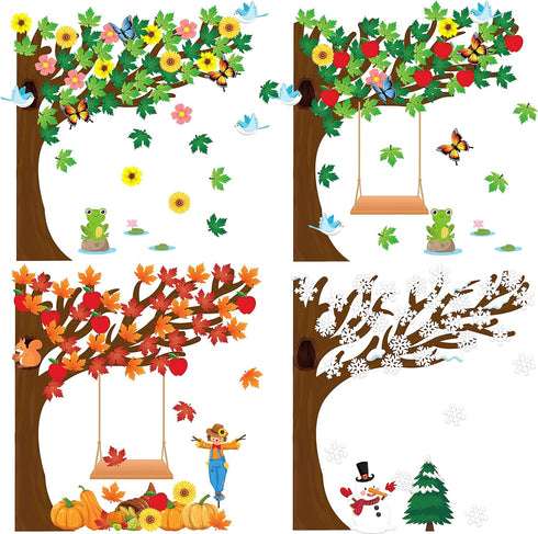 MALLMALL6 198Pcs Classroom Tree Bulletin Board Decor Seasonal Tree Summer Autumn Winter Spring Cutouts Border Set Four Seasons Chalkboard Wall Dec...