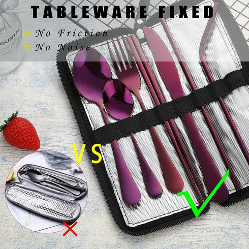 VANDBAO Portable Travel Utensils, Reusable Silverware with Case for Fixing Tableware, 9 Pieces Stainless Steel Stable Flatware Set, Camping Picnic...