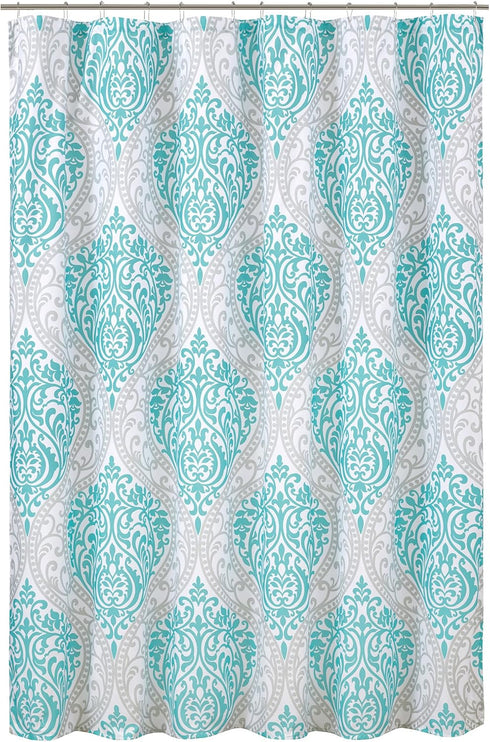 Comfort Spaces Coco Bathroom Shower Curtain Printed Damask Pattern Modern Cute Microfiber Fabric Bath Curtains, 72"x72", Teal / Grey...
