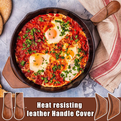 6 Pieces Cast Iron Handle Cover Handmade Thick Skillet Handle Cover Full Grain Frying Pan Sleeve Rustic PU Leather Hot Holder Double Layered Leath...