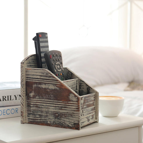 MyGift Rustic Torched Wood Remote Control Holder for Table with 3 Compartments, Living Room TV Media Organizer...
