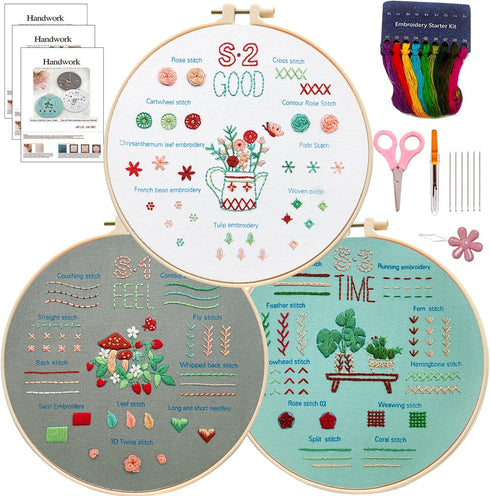 CDThinkingU 3 Sets Flower Embroidery Kit for Beginners with Pattern and Instructions, Lu Embroidery Cross Stitch Stitches Practice Kits with Hoop,...