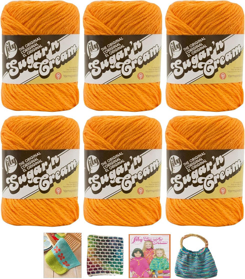 Bulk Buy: Lily Sugar'n Cream Yarn 100% Cotton Solids and Ombres (6-Pack) Medium #4 Worsted Plus 4 Lily Patterns (Hot Orange 01628)......