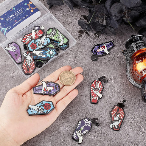 SUNNYCLUE 1 Box 52Pcs DIY 8 Pairs Gothic Style Acrylic Charms Halloween Coffin Charm Earrings Making Starter Kit Moth Charms Hand Rose Snake Charm...