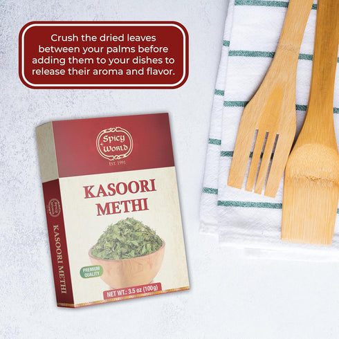 Spicy World Dried Fenugreek Leaves (Kasoori Methi) 3.5oz Box (100g) - All Natural | Vegan | Gluten Friendly | NON-GMO | Indian...