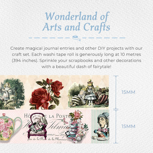 Alice in Wonderland Tea Party Washi Tape Set, Reusable Sticker Tape Roll, Versatile Crafting Supplies, Extra Long Tape, 10 Meters (394 Inches) Lon...