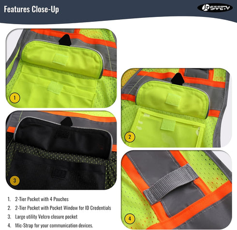 JKSafety Hi-Vis Safety Vest for Men&Women High Visibility Reflective Mesh Construction Work Vest Multi-Pockets PPE ANSI/ISEA compliant (189-Yellow...