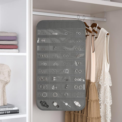 1-Pack Hanging Jewelry Organizer 80-Pocket Dual-sided Jewelry Storage for Jewelry Earring Necklace Bracelet Ring Storage Travel Holder, Gray...