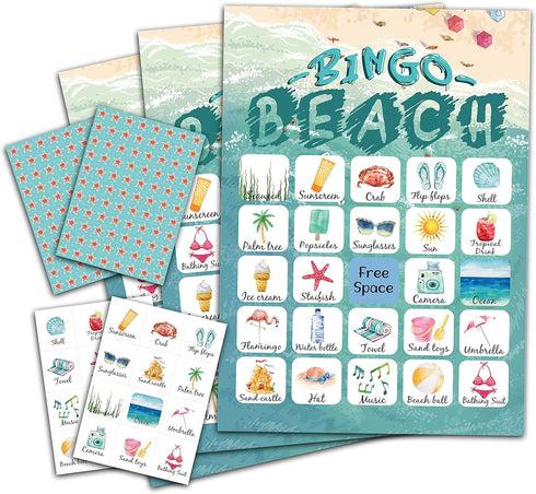 Beach Bingo Game, Party Games with 24 Players, Family Activities, Bingo Cards for Party Supplies, Party Favors Gifts for Young Adults - beach02...