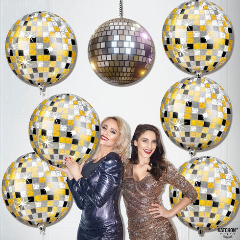 KatchOn, Large Disco Ball Balloons - 22 Inch, Pack of 6 | 4D Sphere Black Silver and Gold Disco Balloons for Bachelorette, Disco Party Decorations...