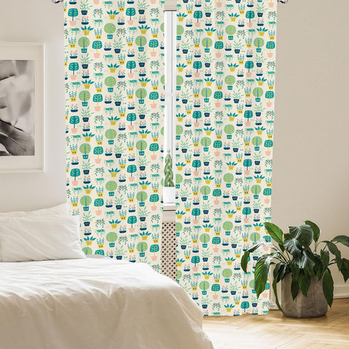 Lunarable Botanical Curtains, Vintage Design Doodle Pattern of Home Plants and Flowers in Pots, Window Treatments 2 Panel Set for Living Room Bedr...