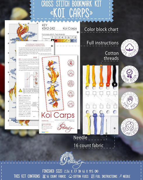 Povitrulya Koi Carp - Counted Cross Stitch Bookmark Kit - Embroidery Set for Adults with Paper pattern, 16-count Aida Canvas and Presorted Floss -...