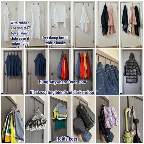 Over The Door Hooks 5.5" 4Pcs for 1 3/8" Door Black Plastic Coating Wreath Door Hanger Hook for Hanging Ironing Board Towel Rack Bathroom Closet C...